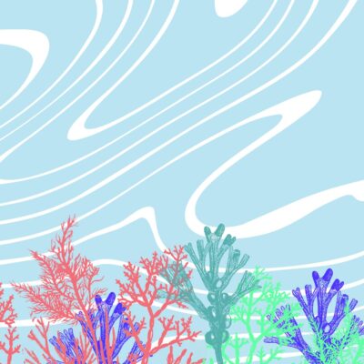 Graafiline Läänemerepäeva illustratsioon: helesinine taust valgete laineliste joontega ning allservas eri värvi põisadru ja muud meretaimed punastes, sinistes, lillades ja rohelistes toonides.